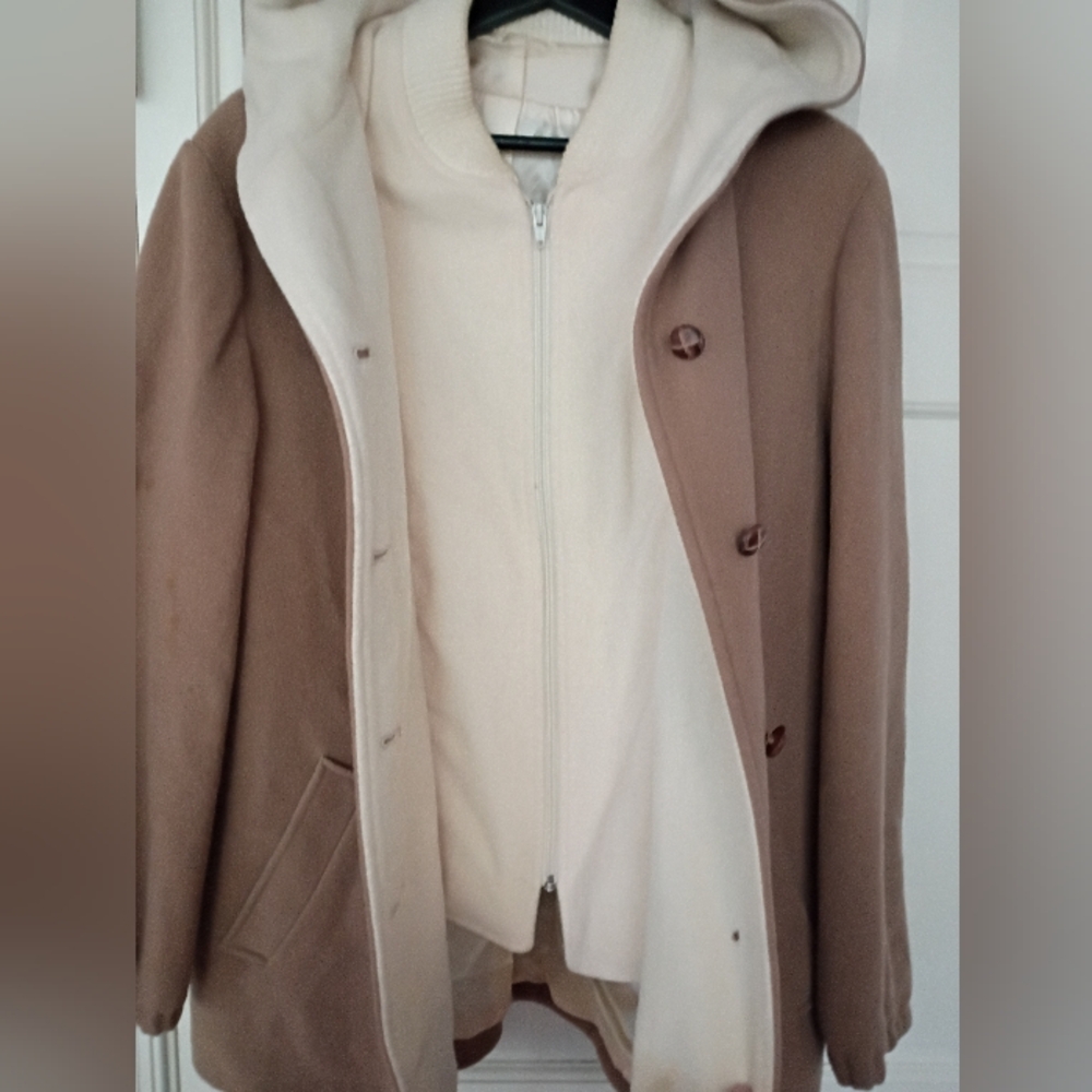 Elegant Tan Hooded Trench Coat 100% Wool Coat Pit To Pit 23".No Size Tag - Picture 3 of 14